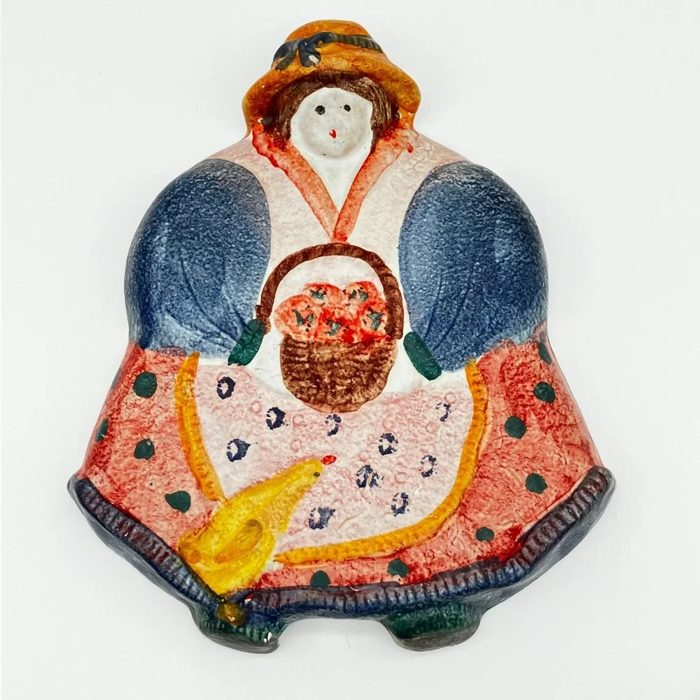 Vintage Italian Folk Art Ceramic Wall Plaque Woman with Basket Hand Painted 9in